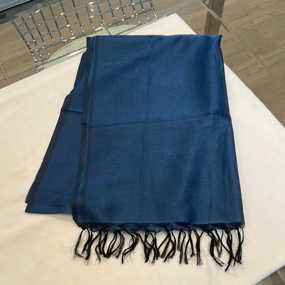 Elegant Silk Blue Scarf with Black Fringe